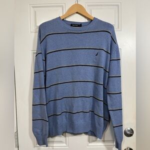 Nautica Men's Light Blue and Black Striped Crewneck Sweater